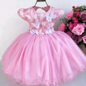 VESTIDO INFANTIL LUXO ROSA APLIQUE BORBOLETAS