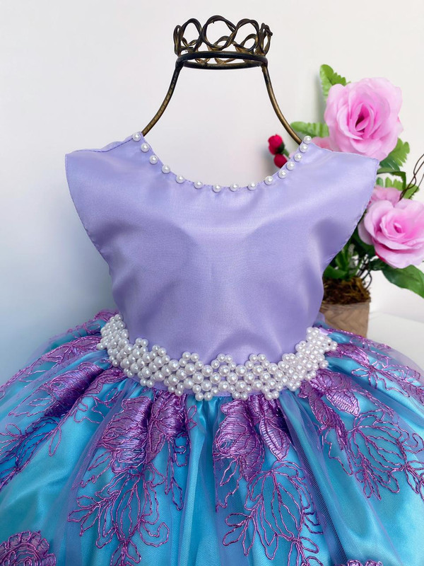 VESTIDO INFANTIL PRINCESA ARIEL PÉROLAS RENDA BRILHO