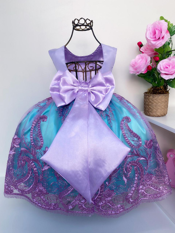 Vestido Infantil Princesa Ariel Lilás E Tule Verde Pérolas