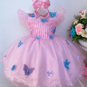 VESTIDO INFANTIL LUXO ROSA APLIQUE BORBOLETAS  LUXO