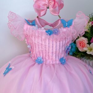 VESTIDO INFANTIL LUXO ROSA APLIQUE BORBOLETAS  LUXO