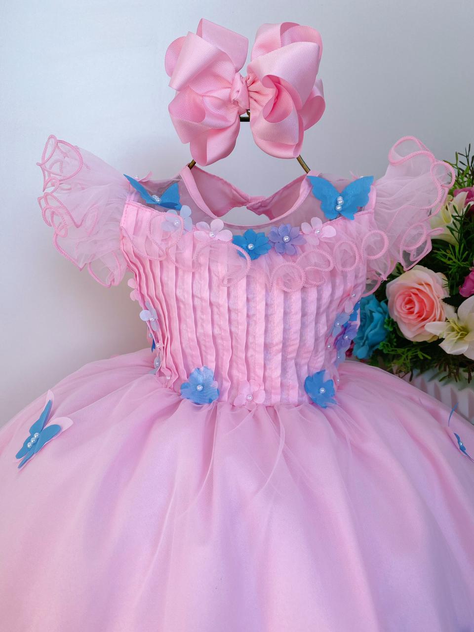 Vestido infantil Princesa Jardim Encantado Rosa c/ borboleta
